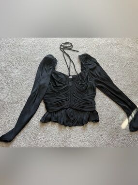 House of Harlow 1960 Black Ruched Peplum Long Sleeve Blouse